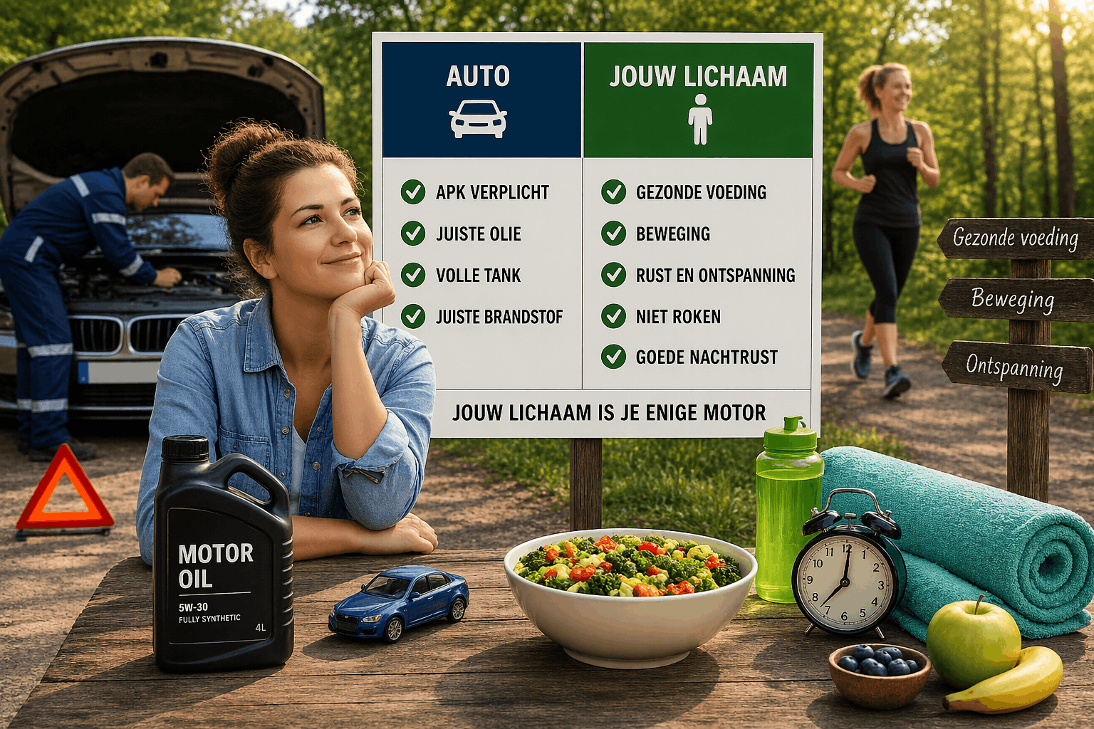 Vrouw in spijkerblouse aan tafel met motorolie, schaal groenten, fruit en sportspullen; op achtergrond auto en joggende persoon met infographic over autounderhoud en gezondheid.