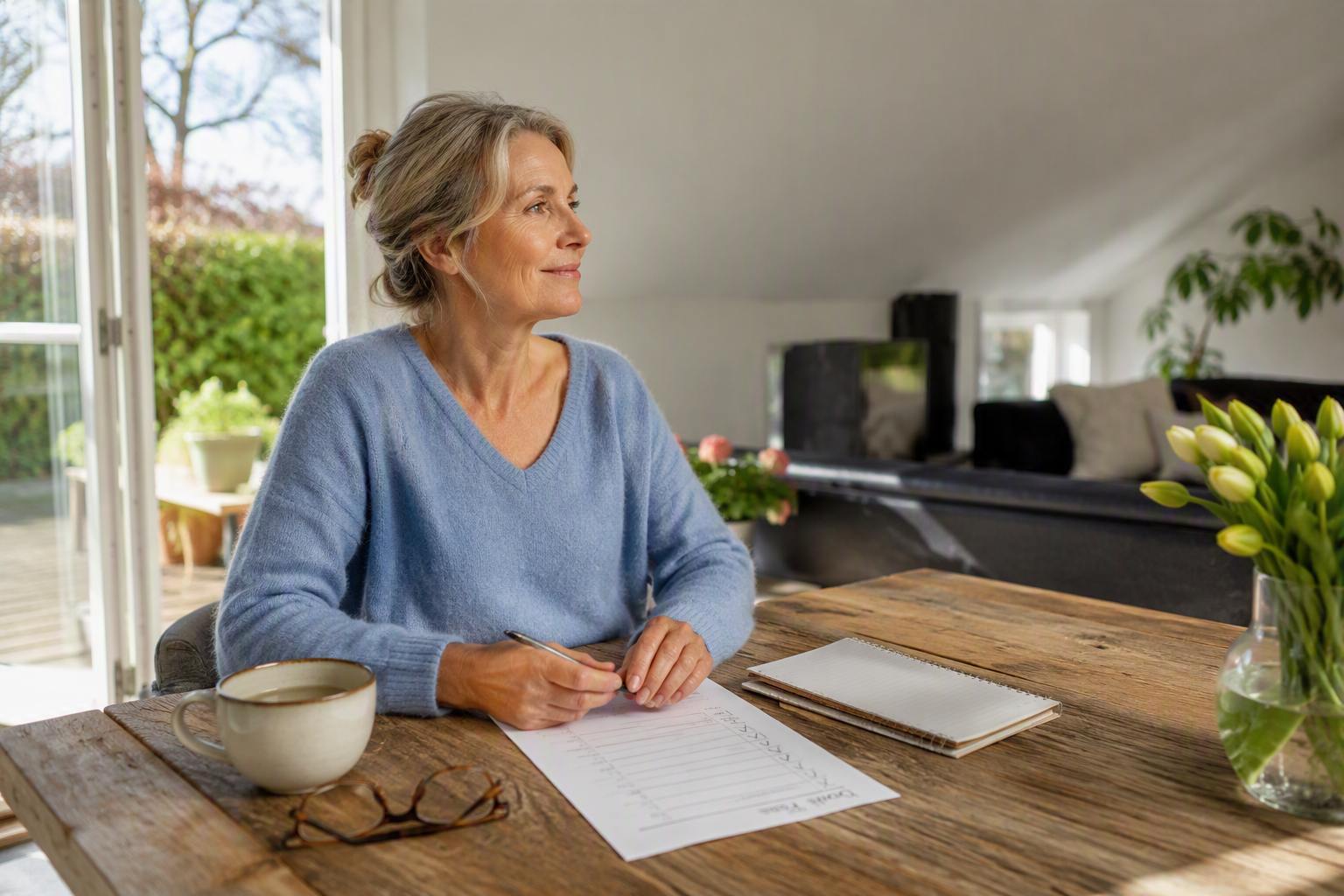 Vitale 60-plus vrouw maakt een dagplanning aan de keukentafel en creëert structuur, balans en mentale rust voor een gezonde leefstijl.
