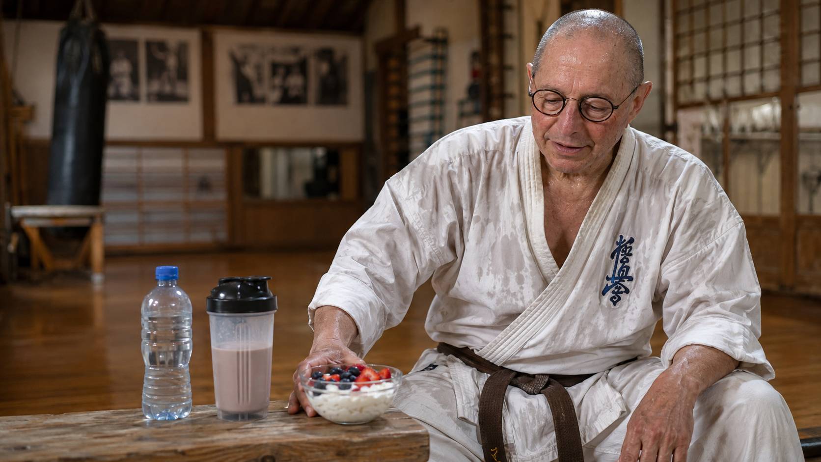 Karateka met bezweet karatepak herstelt na training met water, kwark en eiwitshake in de dojo.